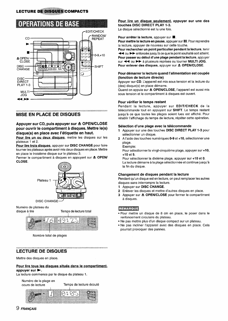 Mise en place de disques, Pour vérifier le temps restant, Sélection d’une plage avec la télécommande | Changement de disques pendant la lecture, Lecture de disques | Aiwa CX-NA303 User Manual | Page 50 / 64