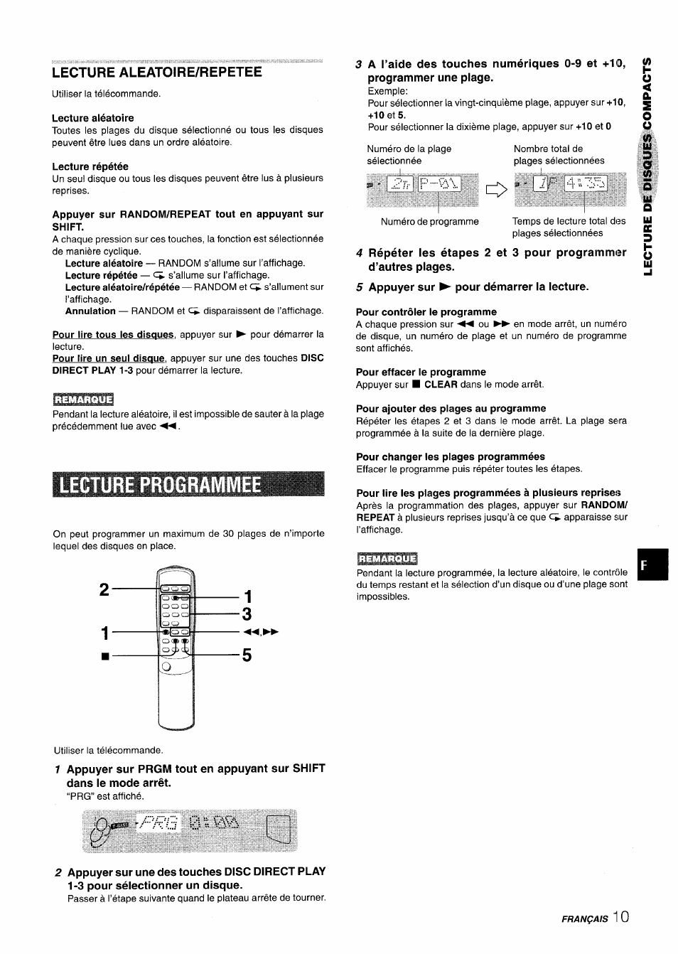 Lecture aleatoire/repetee, Lecture aléatoire, Lecture répétée | Lecture programmee, 5 appuyer sur ^ pour démarrer la lecture, Pour contrôler le programme, Pour effacer le programme, Pour ajouter des plages au programme, Pour changer les plages programmées | Aiwa CX-NA303 User Manual | Page 51 / 64