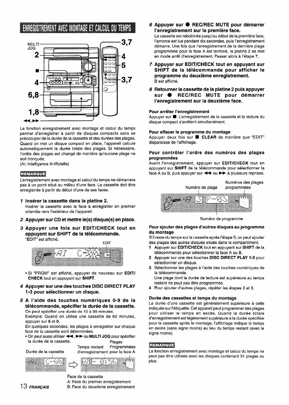 Pour arrêter l’enregistrement, Pour effacer le programme du montage, Durée des cassettes et temps du montage | Enregistrent avec intage et calcul du teips, À? j ip | Aiwa CX-NA303 User Manual | Page 54 / 64