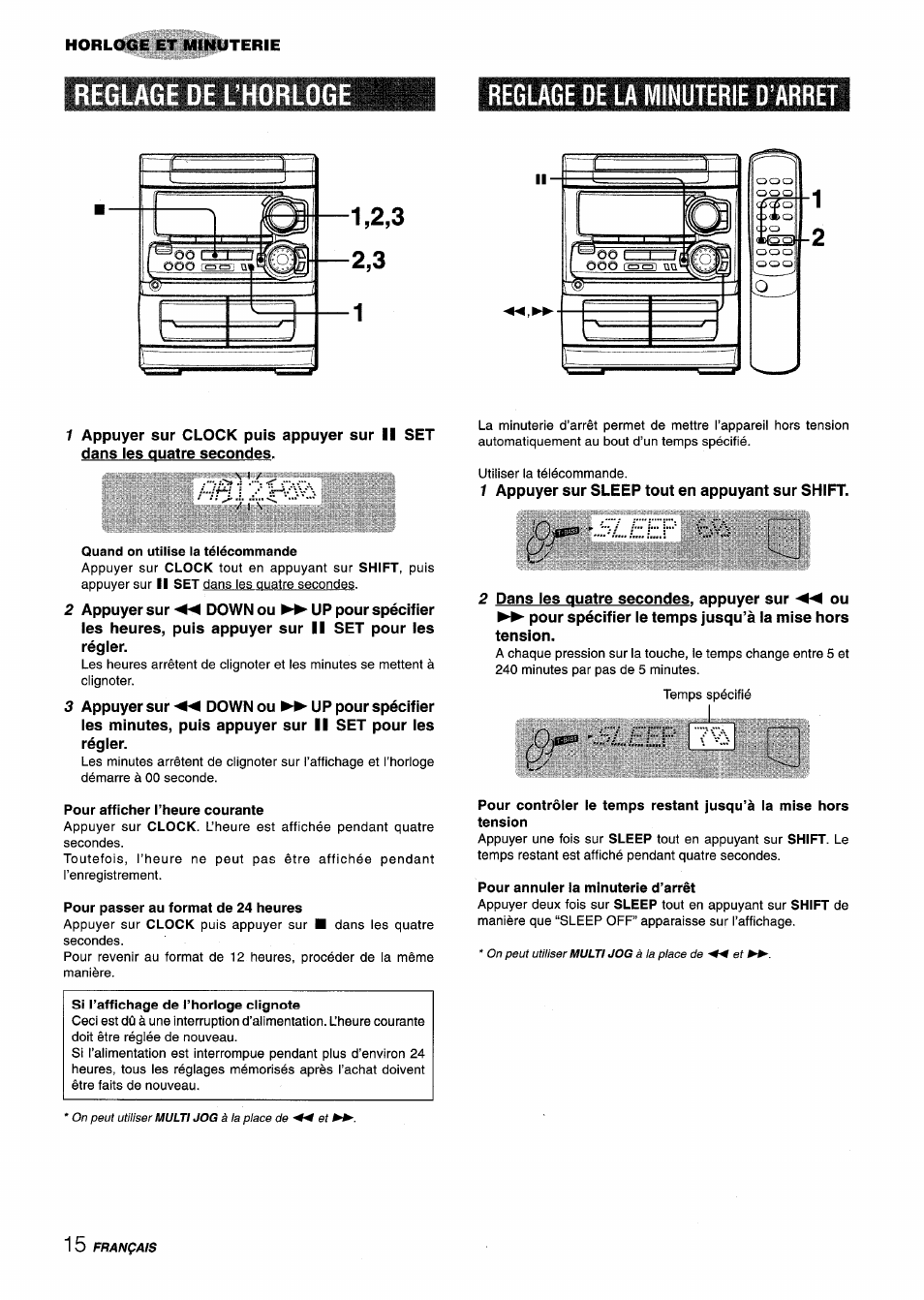 Quand on utilise la télécommande, Pour afficher l’heure courante, Pour passer au format de 24 heures | Pour annuler la minuterie d’arrêt, Reglage de la minuterie d’arret, Sleep im, Reglage de uhorloge | Aiwa CX-NA303 User Manual | Page 56 / 64