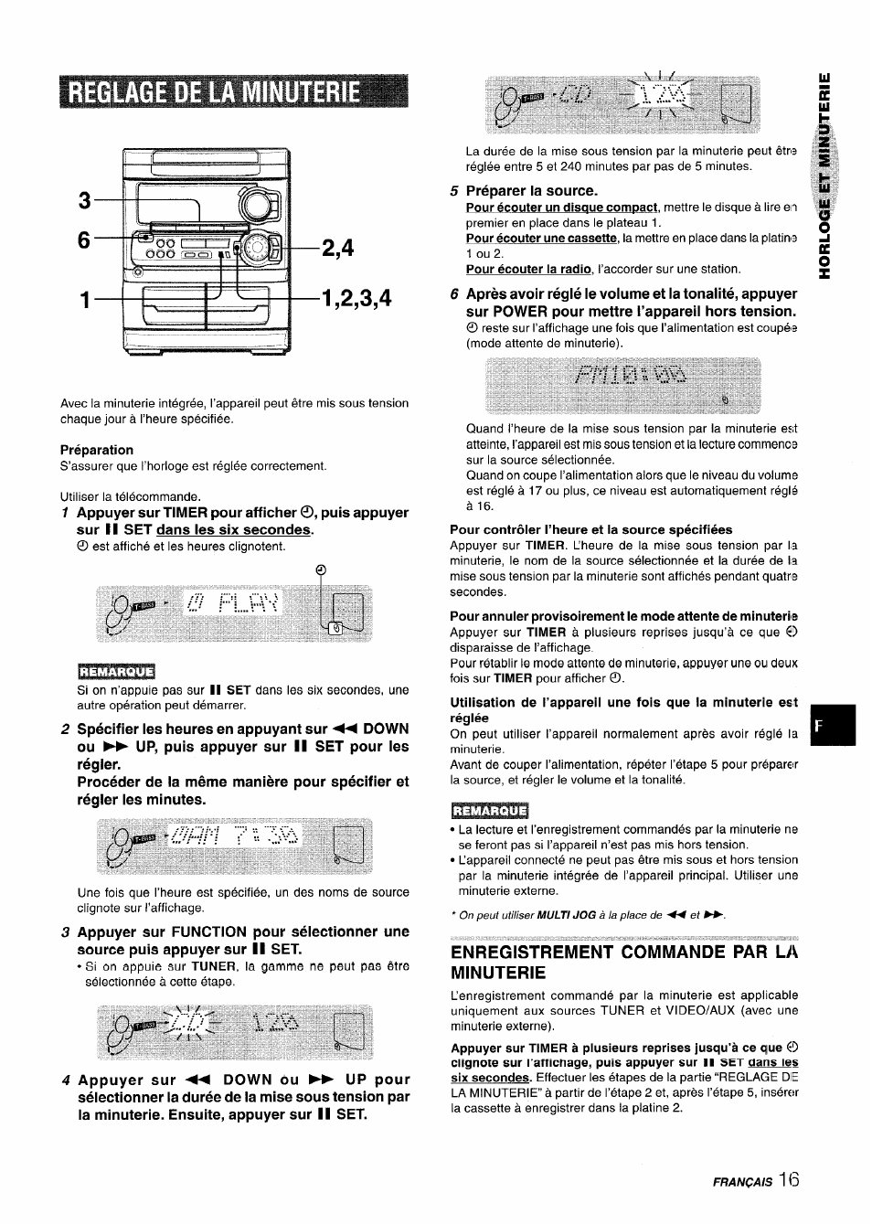 Reglage de la minuterie, Préparation, Enregistrement commande par la minuterie | Reglage de la minuterie 2,4, P\ \p | Aiwa CX-NA303 User Manual | Page 57 / 64