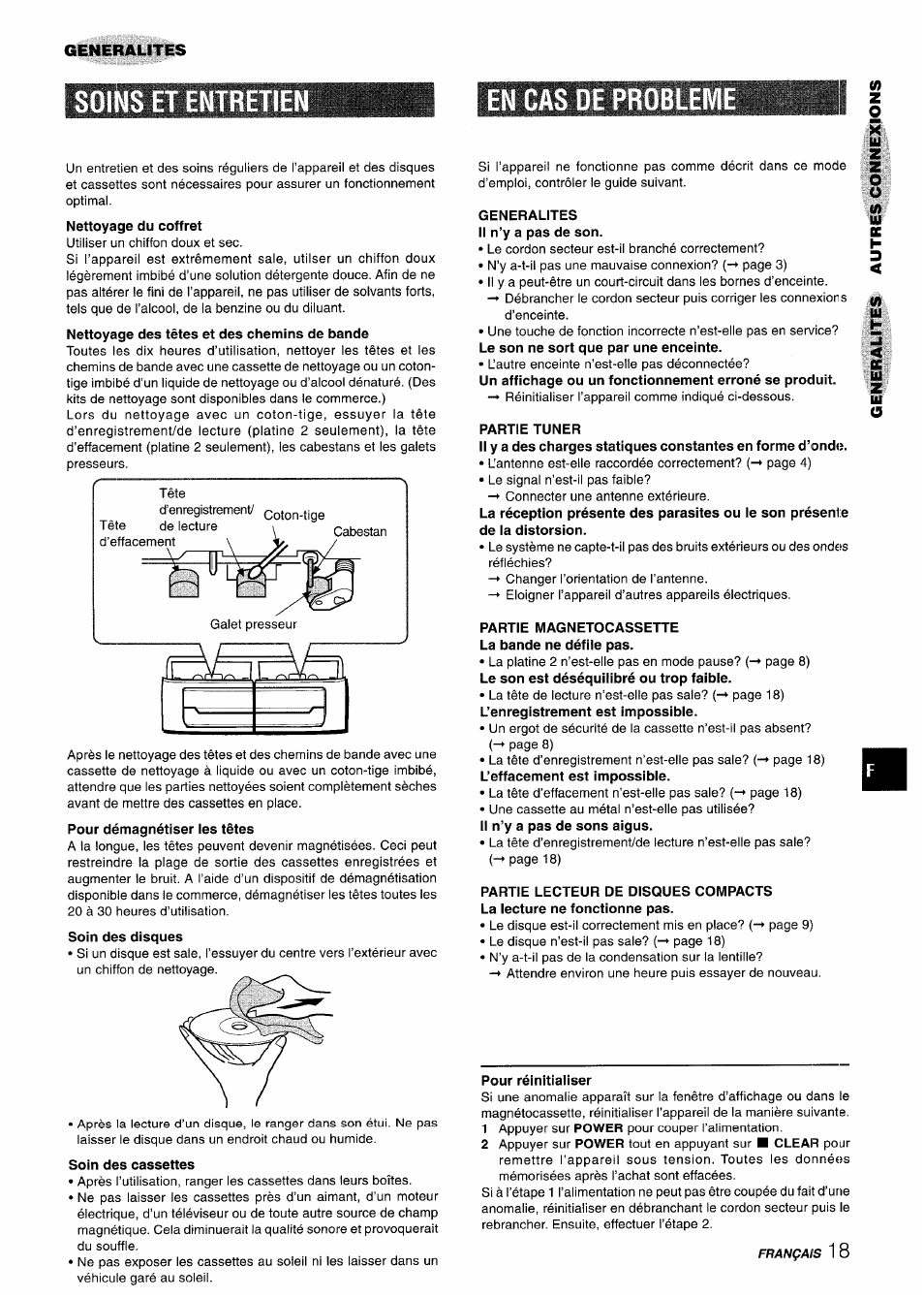 Soins et entretie, En cas de problem, Nettoyage du coffret | Nettoyage des têtes et des chemins de bande, Pour démagnétiser les têtes, Soin des cassettes, Generalites il n’y a pas de son, Partie tuner, Partie magnetocassette la bande ne défile pas, Pour réinitialiser | Aiwa CX-NA303 User Manual | Page 59 / 64