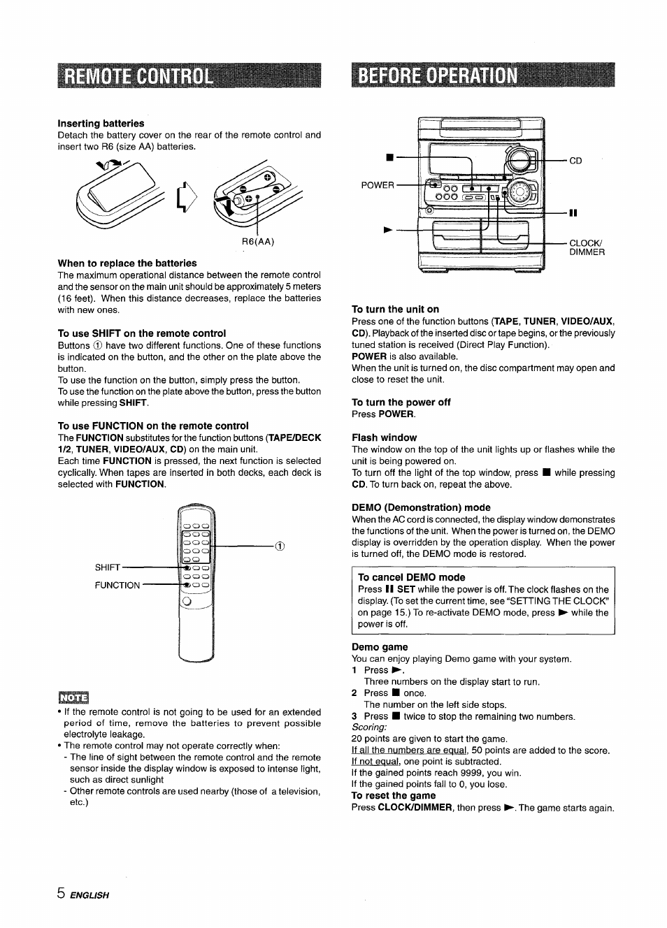 Emote contr, Before operation, Inserting batteries | When to replace the batteries, To use shift on the remote control, To use function on the remote control, To turn the unit on, To turn the power off press power, Flash window, Demo (demonstration) mode | Aiwa CX-NA303 User Manual | Page 6 / 64