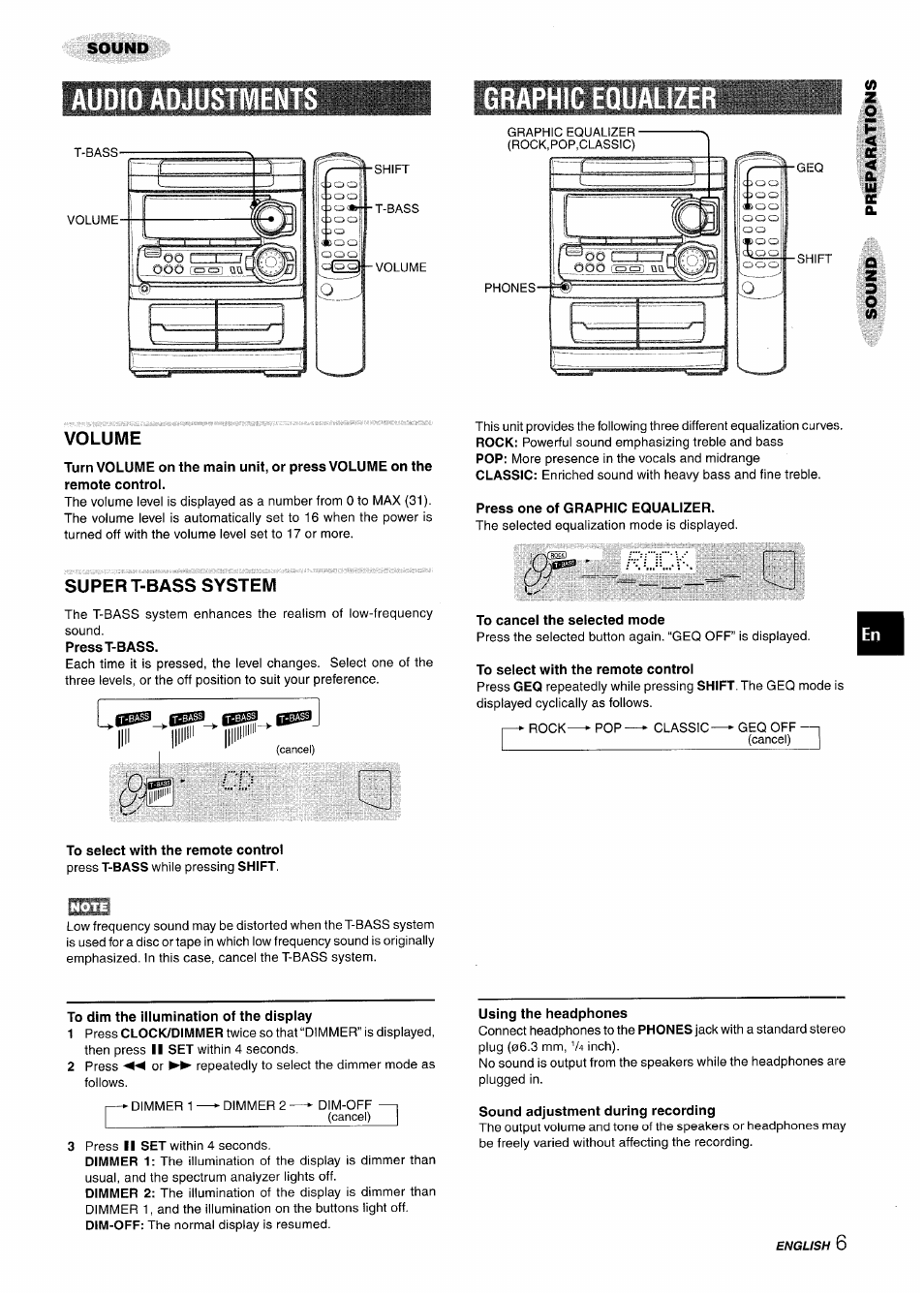 Audio adjust, Graphi, Volume | Super t-bass system, Press one of graphic equalizer, To cancel the selected mode, To select with the remote control, To dim the illumination of the display, Using the headphones, Sound adjustment during recording | Aiwa CX-NA303 User Manual | Page 7 / 64