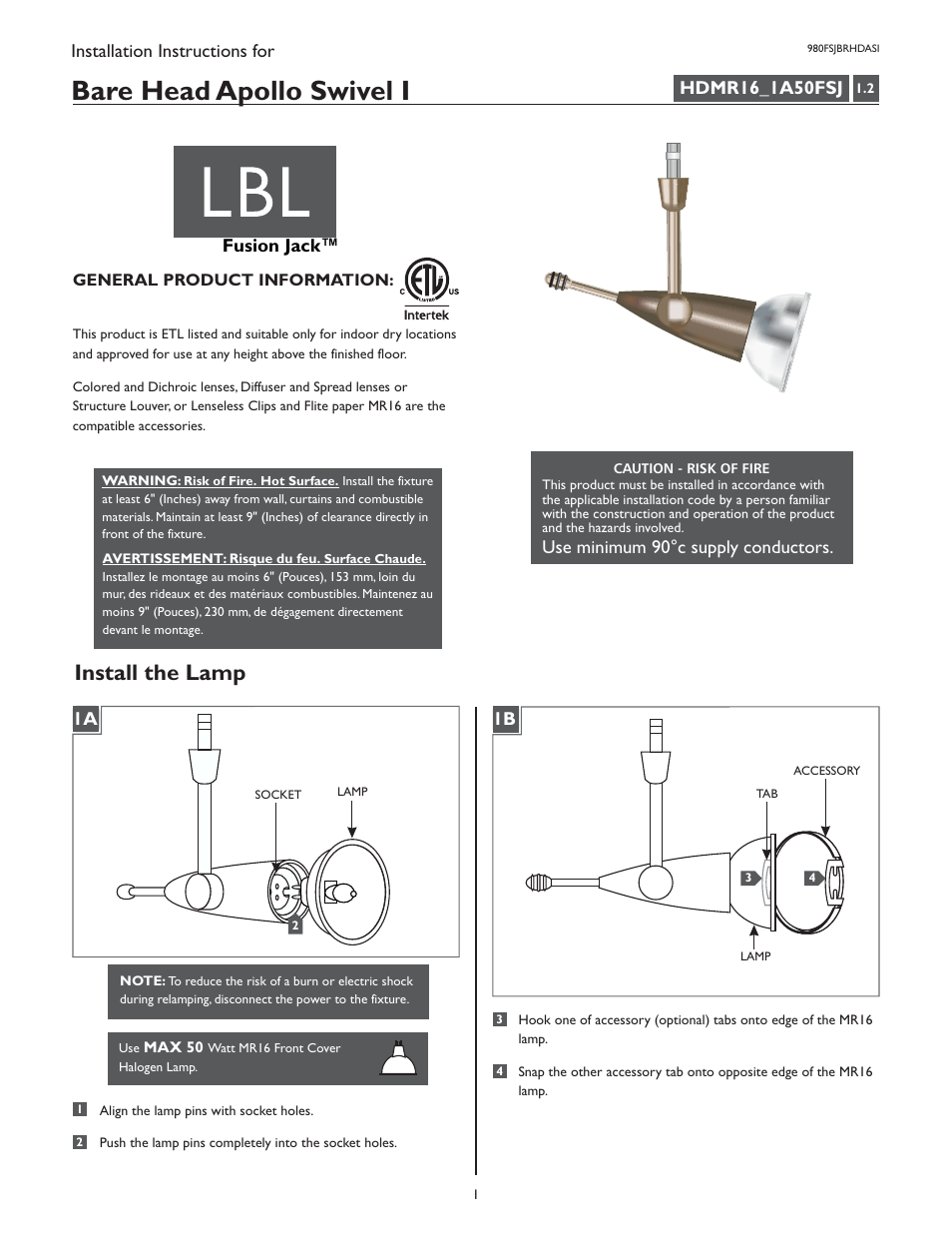 LBL Lighting Bare Apollo Swivel I User Manual | 2 pages