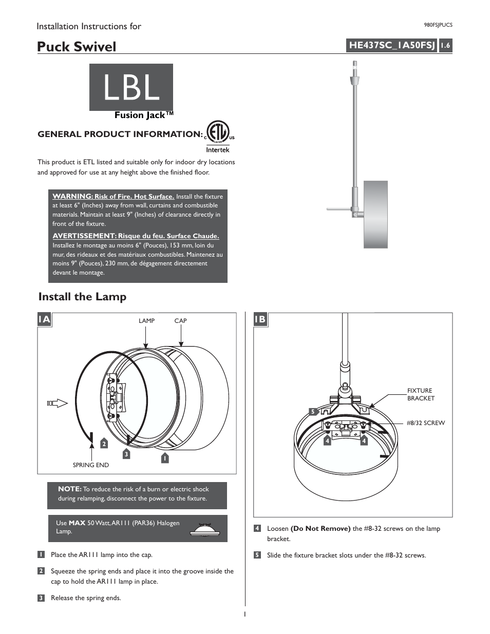 LBL Lighting Puck Swivel User Manual | 2 pages