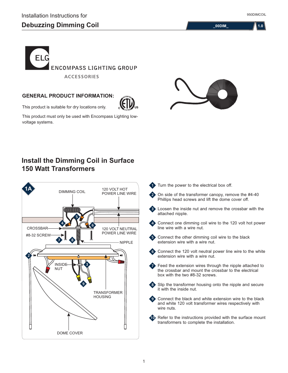 LBL Lighting Debuzzing Dimming Coil User Manual | 2 pages