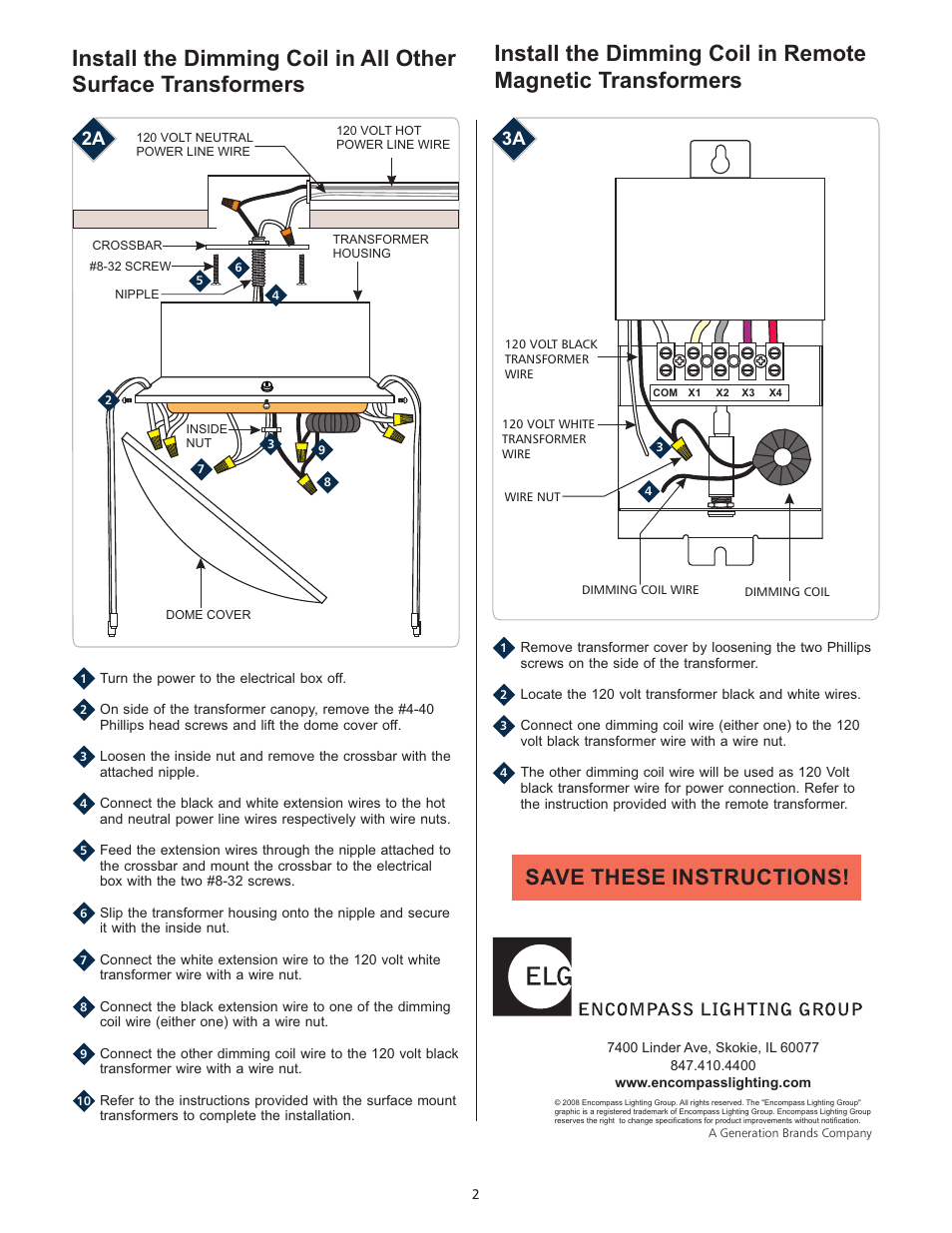 Save these instructions, 2a 3a | LBL Lighting Debuzzing Dimming Coil User Manual | Page 2 / 2