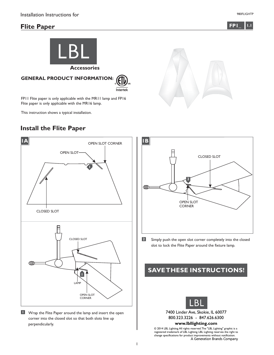 LBL Lighting Flite Paper User Manual | 1 page