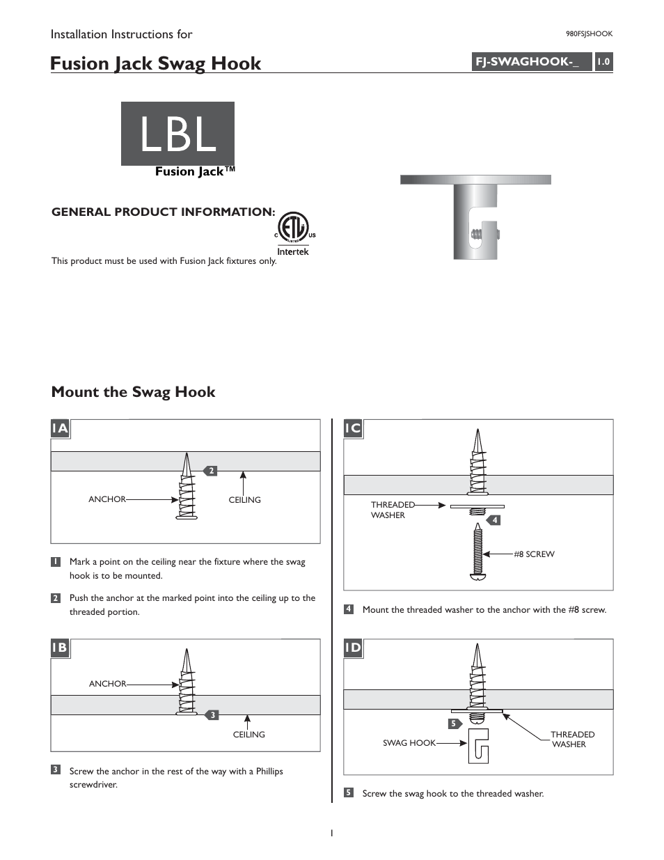 LBL Lighting Fusion Jack Swag Hook User Manual | 2 pages