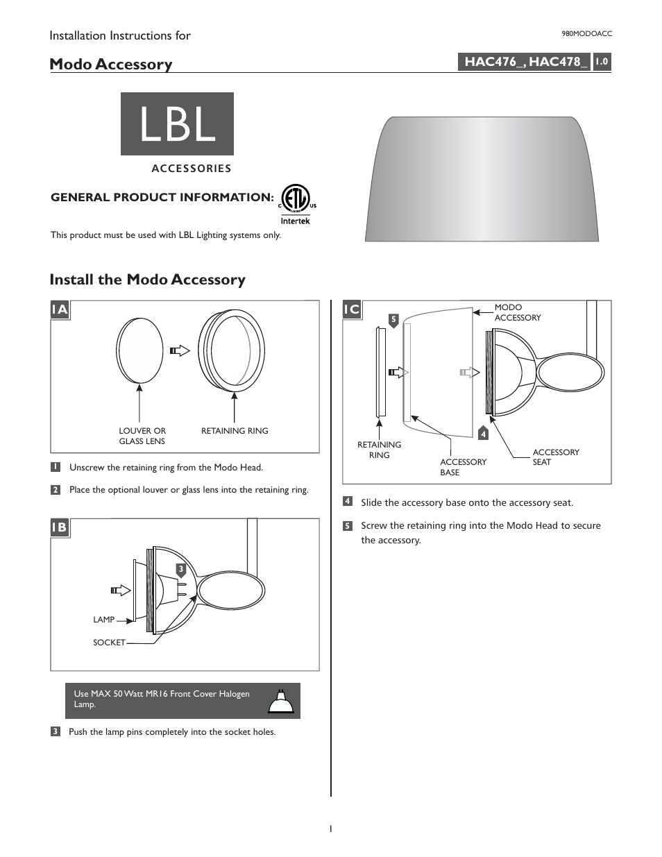 LBL Lighting Modo Glass Shield Accessory User Manual | 2 pages