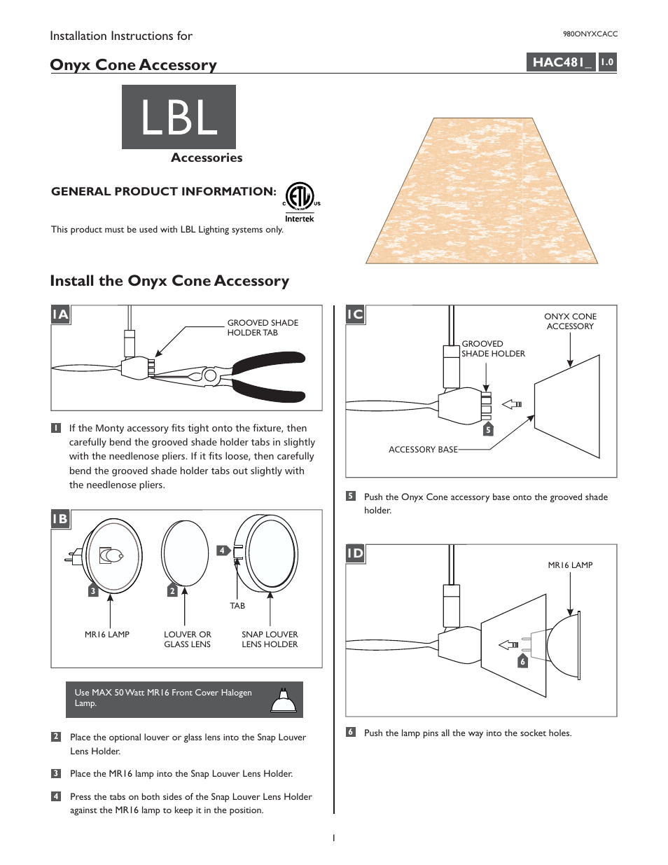 LBL Lighting Onyx Cone Accessory User Manual | 2 pages