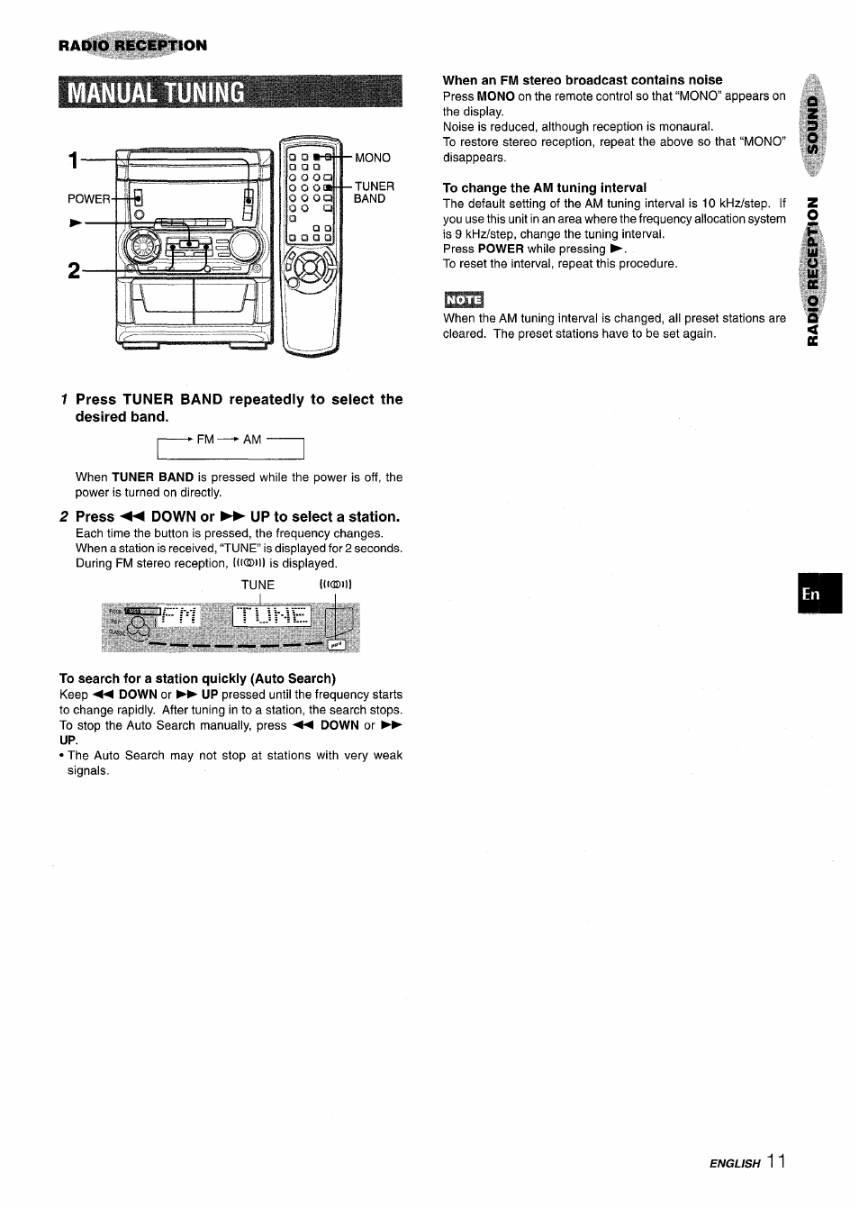 Manual tunin, 2 press ◄◄ down or ►► up to select a station, Manual tuning | Tüv-áe | Aiwa CX NMA545 User Manual | Page 11 / 88