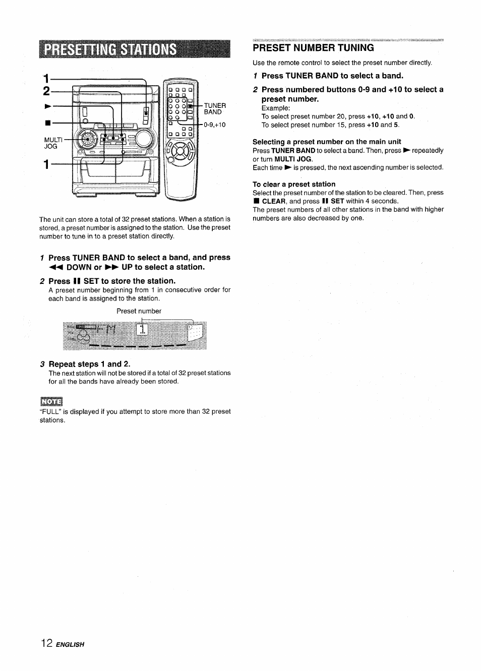 Presening station, Preset number tuning, Presetting stations | Aiwa CX NMA545 User Manual | Page 12 / 88