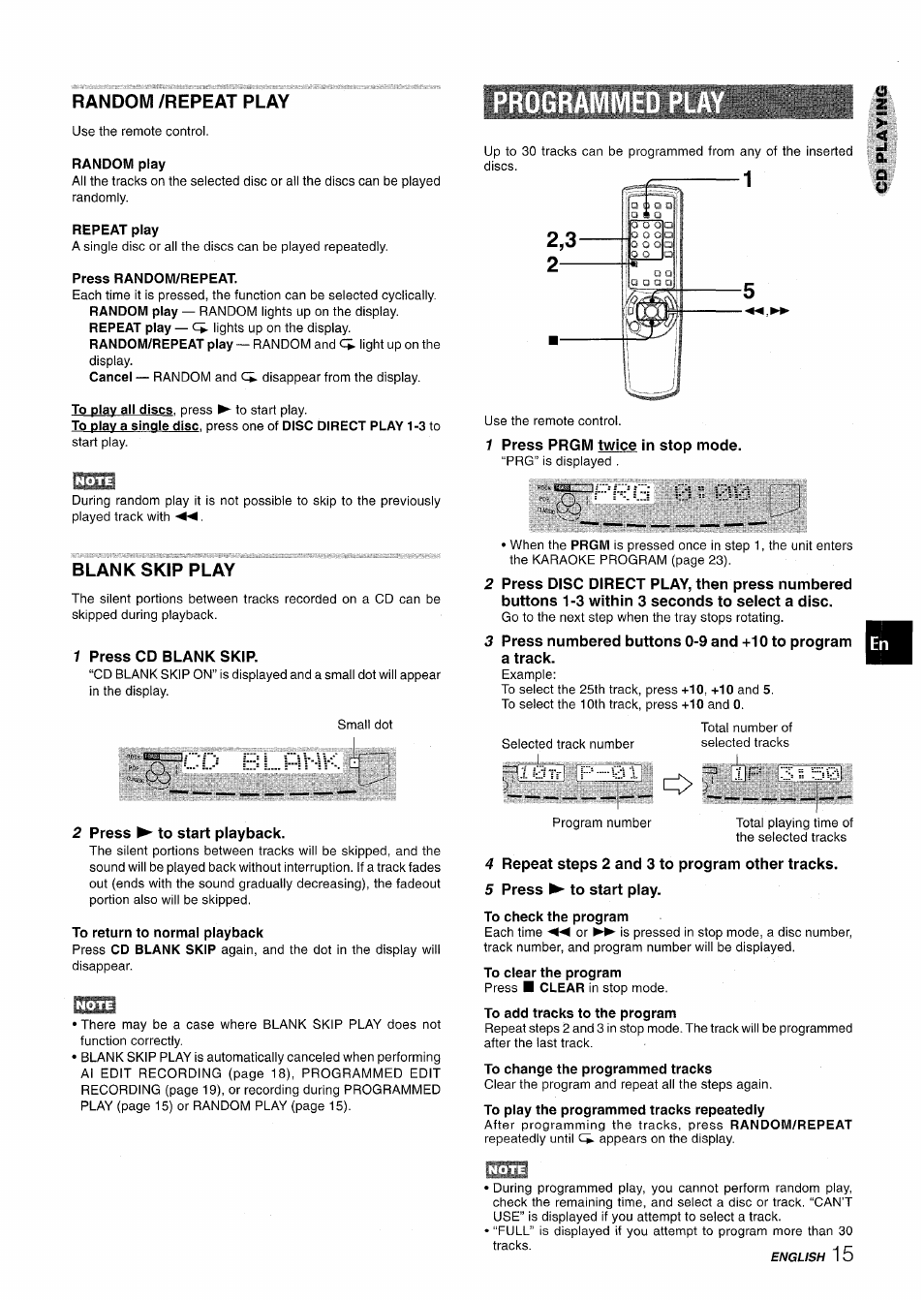 Random /repeat play, Blank skip play, 1 press cd blank skip | 1 press prgm twice in stop mode, 2 press ► to start playback, 4 repeat steps 2 and 3 to program other tracks, 5 press ► to start play, L u n | Aiwa CX NMA545 User Manual | Page 15 / 88