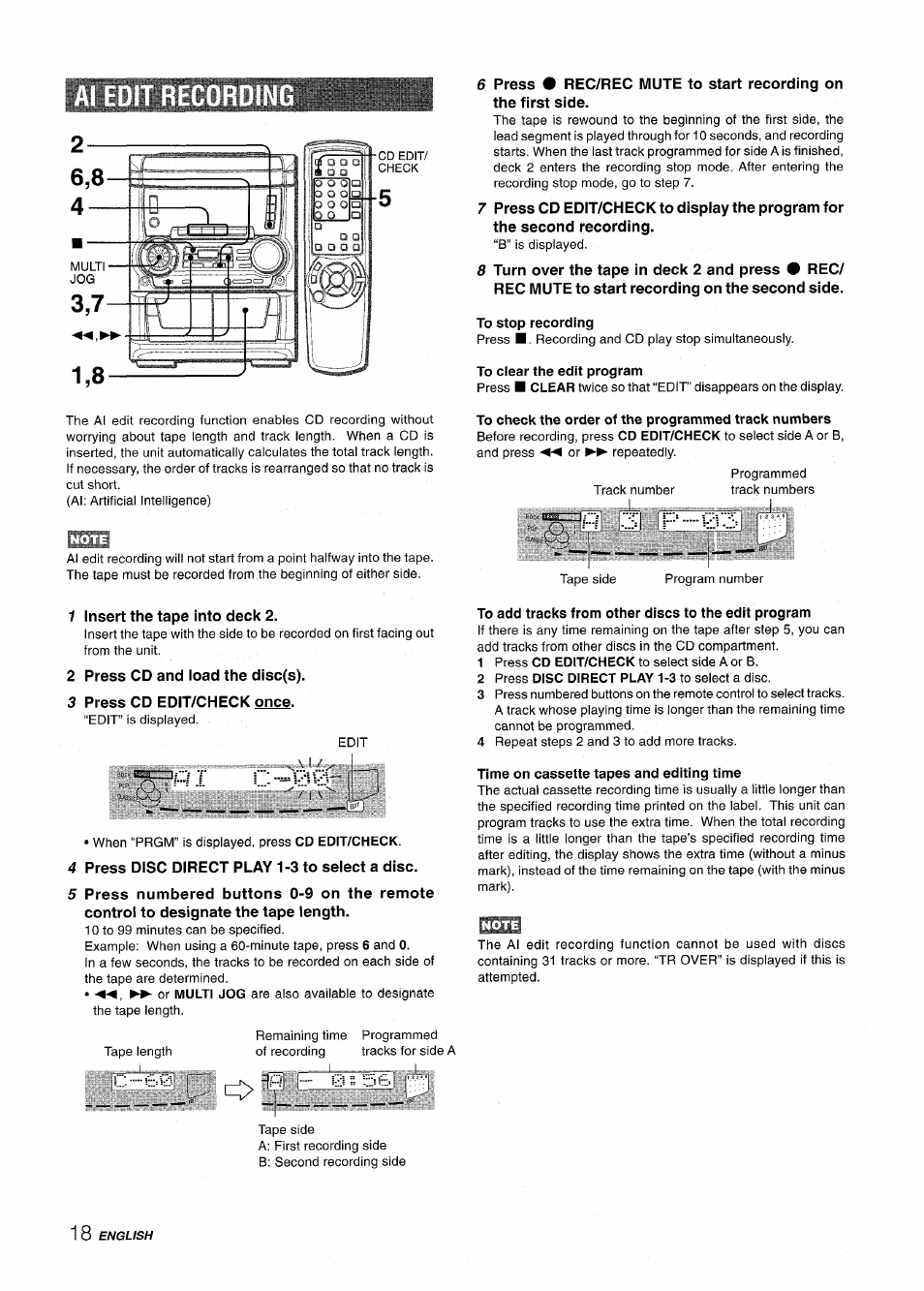 1 insert the tape into deck 2, 2 press cd and load the disc(s), 3 press cd edit/check once | 4 press disc direct play 1-3 to select a disc, I / 00 | Aiwa CX NMA545 User Manual | Page 18 / 88