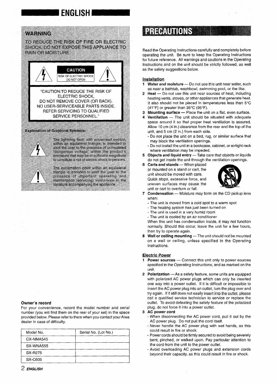 English, Warning, Precautions | Aiwa CX NMA545 User Manual | Page 2 / 88