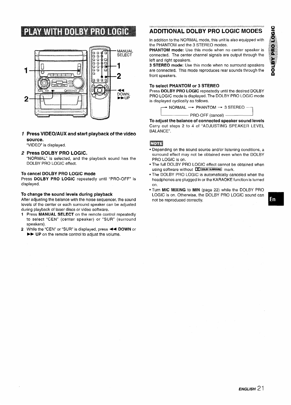 Play with dolby pro logic, 2 press dolby pro logic, Additional dolby pro logic modes | Aiwa CX NMA545 User Manual | Page 21 / 88