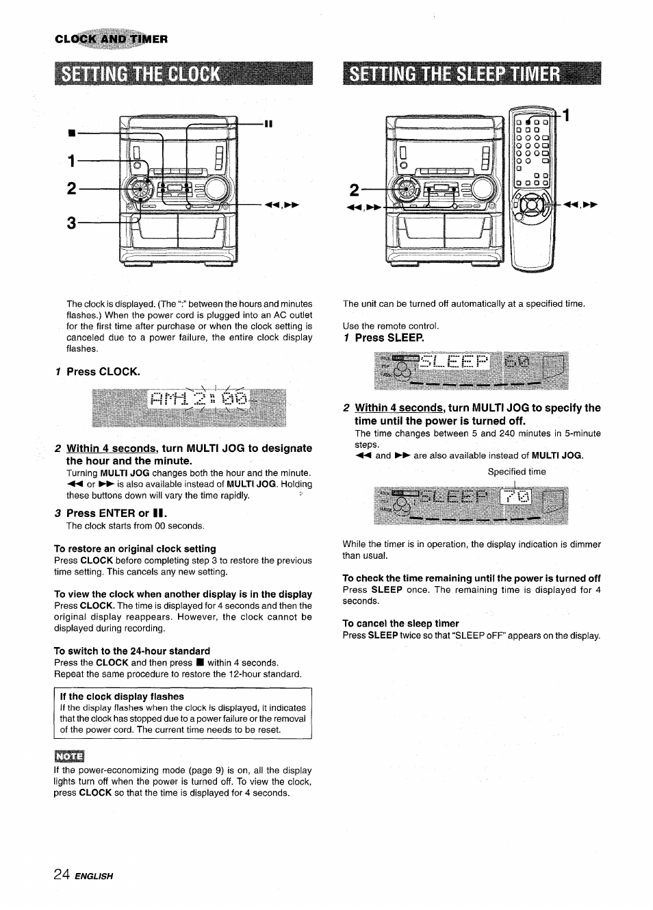 Setting the sleep timer, 1 press clock, 3 press enter or ii | 1 press sleep, Lias setting the sleep timer, Sleep ee, El.eep | Aiwa CX NMA545 User Manual | Page 24 / 88