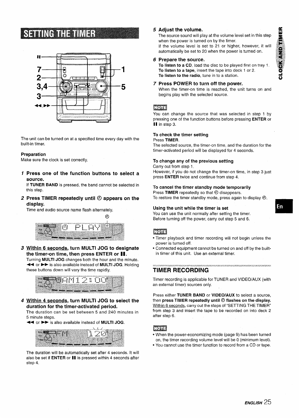 Setting the timer, Adjust the volume, Prepare the source | Press power to turn off the power, Timer recording | Aiwa CX NMA545 User Manual | Page 25 / 88