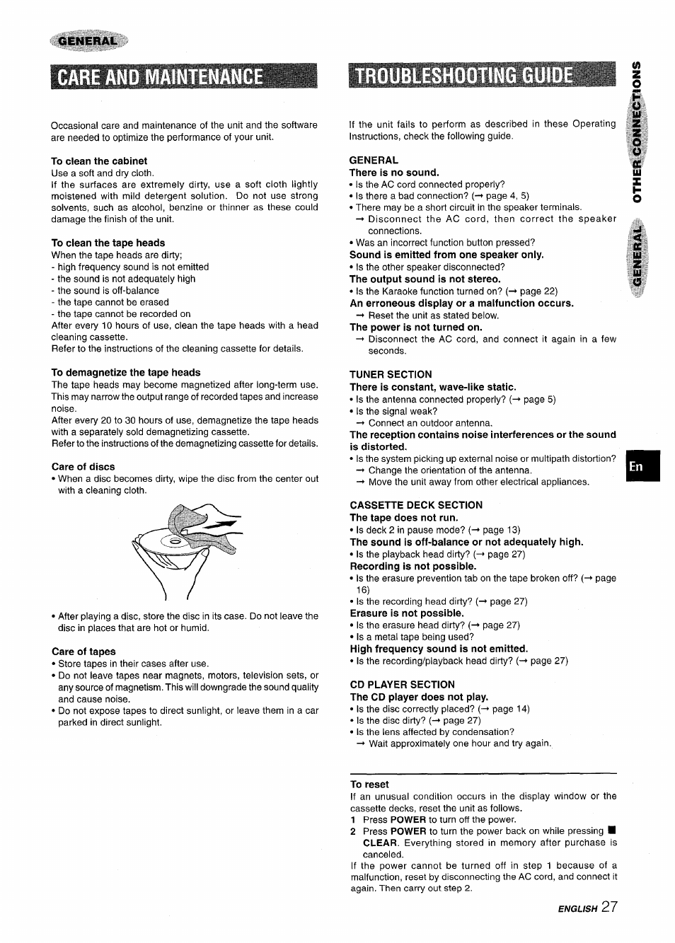 Care and maintenanc, Troubles, Care and maintenance | Aiwa CX NMA545 User Manual | Page 27 / 88