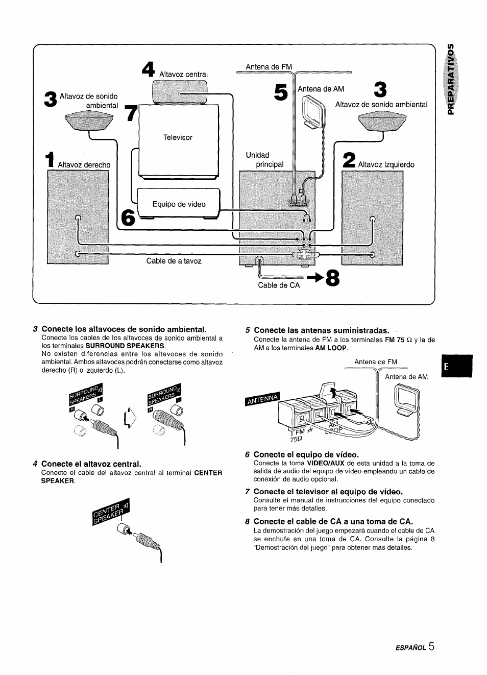 Conecte los altavoces de sonido ambiental, 4 conecte el altavoz central, 5 conecte las antenas suministradas | 6 conecte el equipo de vídeo, 7 conecte ei televisor al equipo de vídeo, 8 conecte el cable de ca a una toma de ca | Aiwa CX NMA545 User Manual | Page 33 / 88