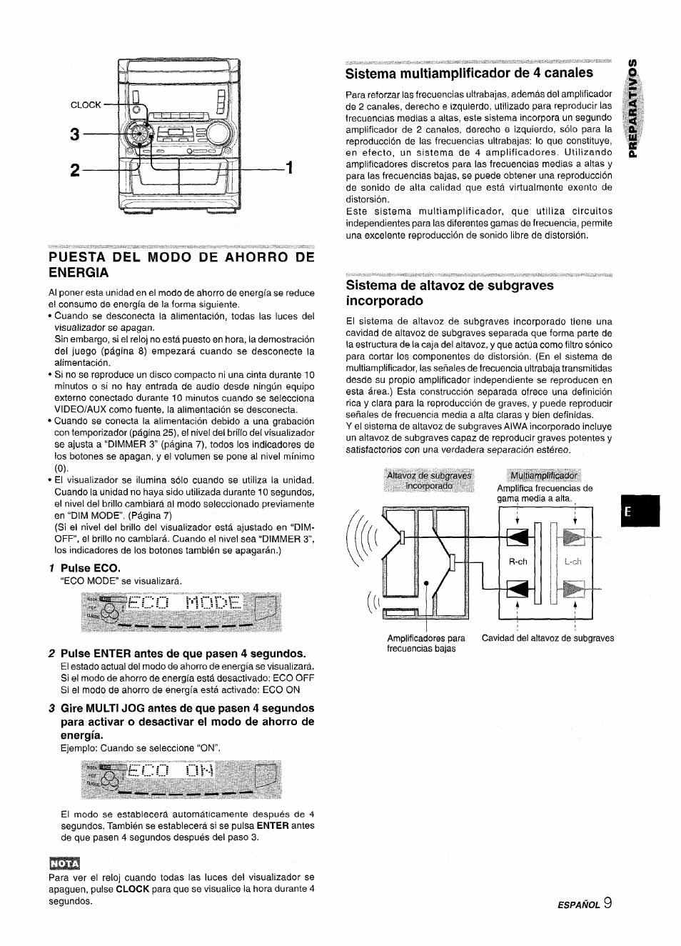 Puesta del modo de ahorro de energia, 1 pulse eco, 2 pulse enter antes de que pasen 4 segundos | Sistema multiamplificador de 4 canales, Sistema de altavoz de subgraves incorporado | Aiwa CX NMA545 User Manual | Page 37 / 88