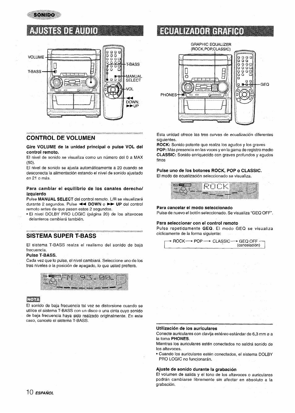 Ecualizado, Control de volumen, Sistema super t-bass | Aiwa CX NMA545 User Manual | Page 38 / 88