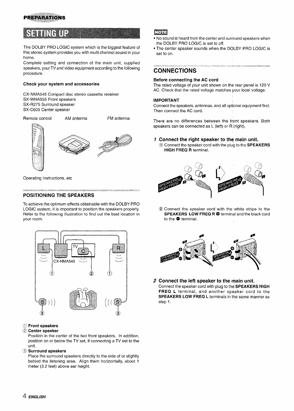 Positioning the speakers, Connections, 1 connect the right speaker to the main unit | 2 connect the left speaker to the niain unit | Aiwa CX NMA545 User Manual | Page 4 / 88