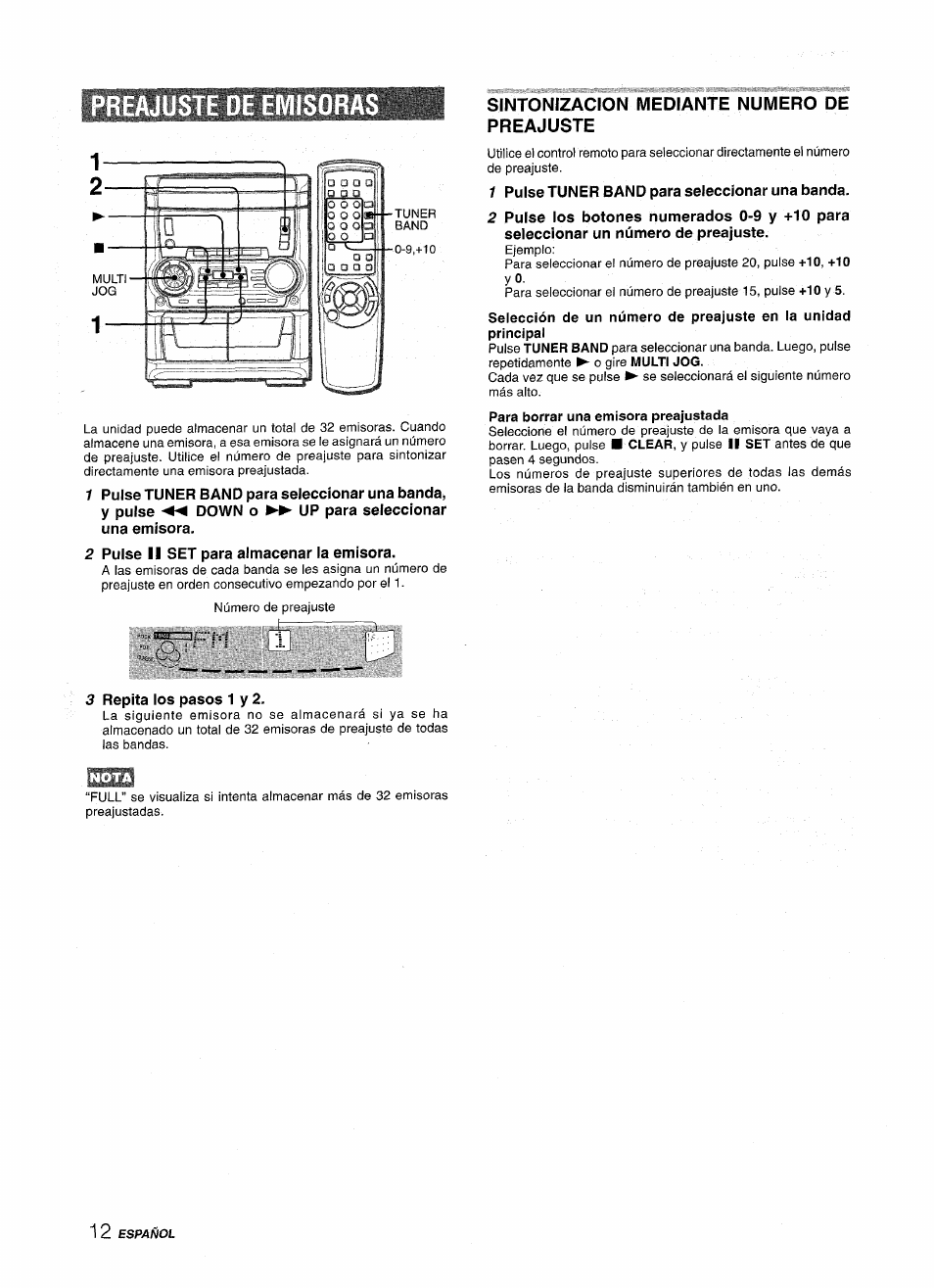 Mmmm, 2 puise ii set para almacenar la emisora, 3 repita los pasos 1 y 2 | Sintonizacion mediante numero de preajuste, 1 pulse tuner band para seleccionar una banda | Aiwa CX NMA545 User Manual | Page 40 / 88