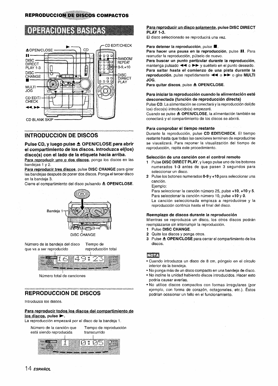 Introduccion de discos, Reproduccion de discos | Aiwa CX NMA545 User Manual | Page 42 / 88