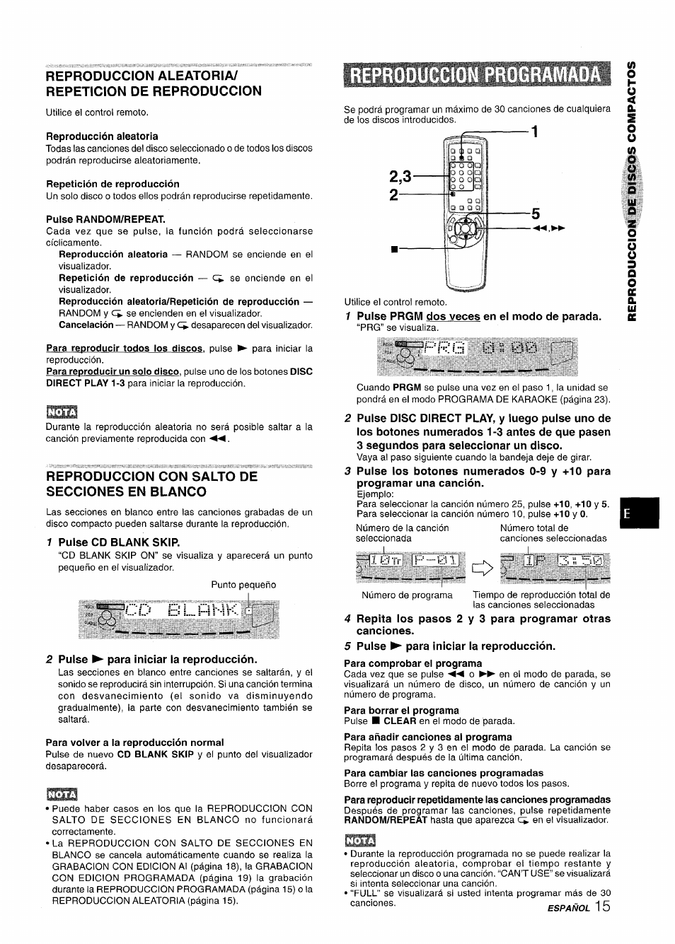 Reproduccion aleatoria/ repeticion de reproduccion, Reproduccion con salto de secciones en blanco, Reproduccion programada | Aiwa CX NMA545 User Manual | Page 43 / 88