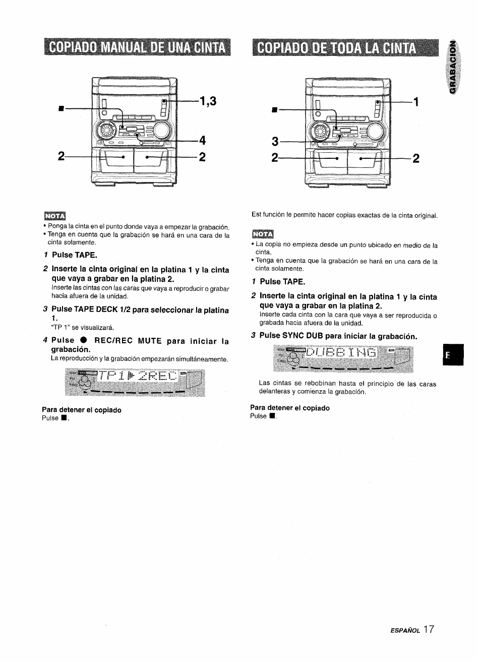 Copiado manual de una cinta, 1 pulse tape, 3 pulse tape deck 1/2 para seleccionar la platina | 4 pulse # rec/rec mute para iniciar la grabación, 3 pulse sync dub para iniciar ia grabación, Tp 7 lis-2rec, U s b 1 1-10 | Aiwa CX NMA545 User Manual | Page 45 / 88