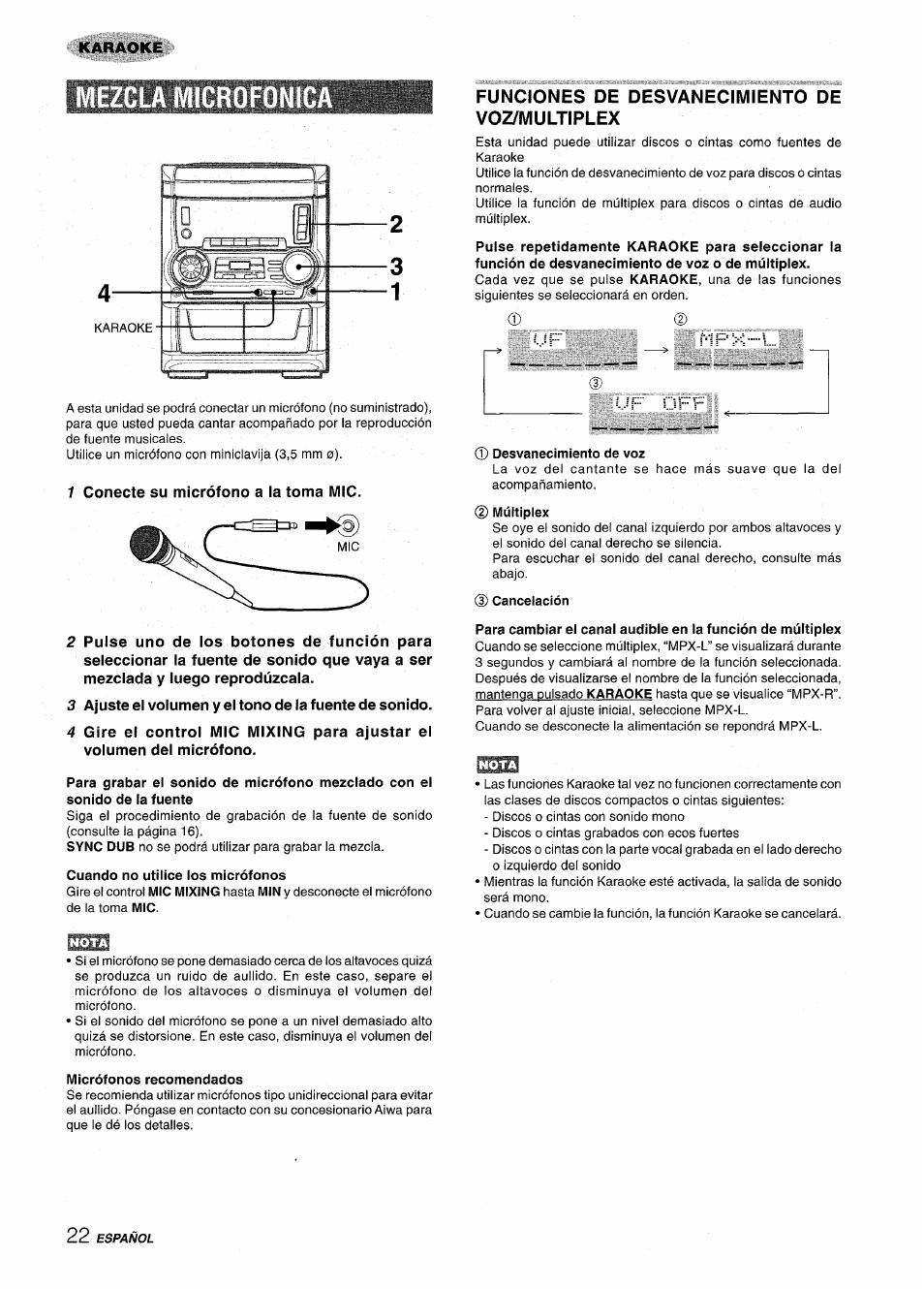 1 conecte su micrófono a la toma mic, Funciones de desvanecimiento de voz/multiplex | Aiwa CX NMA545 User Manual | Page 50 / 88