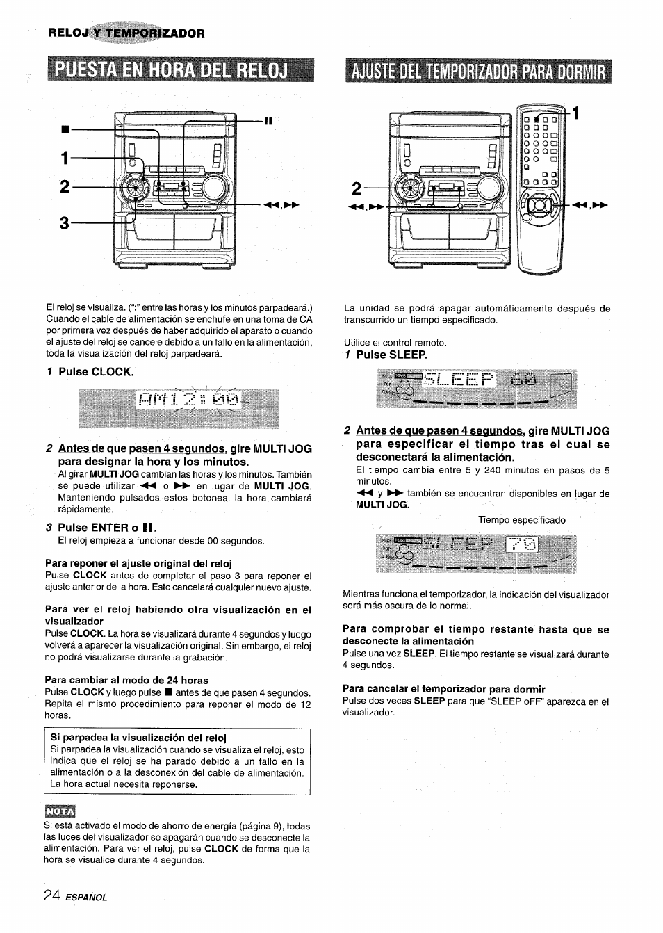 Ajuste del temporizador para dormir, 1 pulse clock, 1 pulse sleep | 3 pulse enter o ii, Ajuste del temporizados para dormir, Jimí ~ ajuste del temporizador para dormir, Sleep 60 | Aiwa CX NMA545 User Manual | Page 52 / 88
