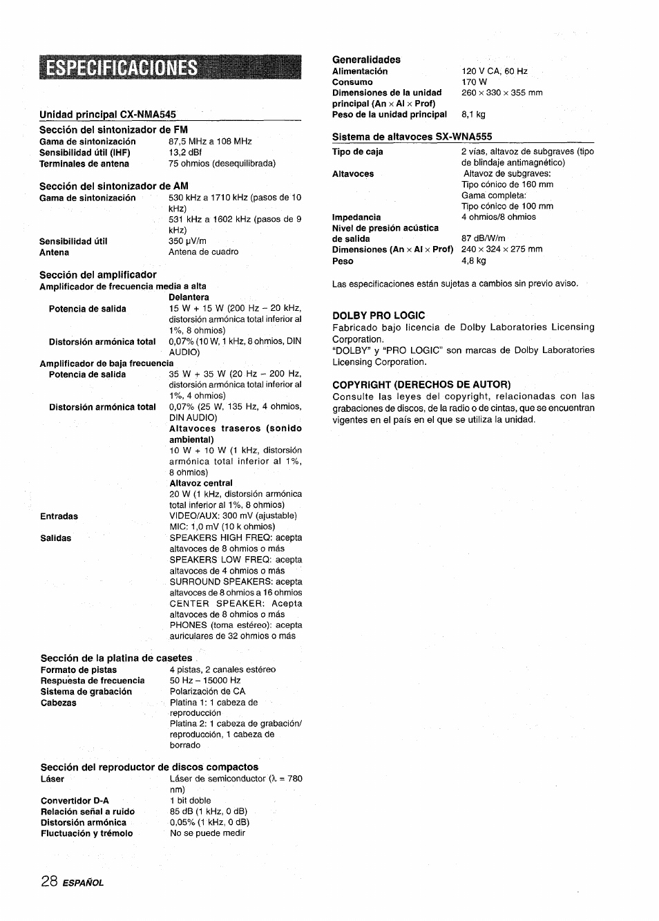 Especificaciones, Specifications | Aiwa CX NMA545 User Manual | Page 56 / 88