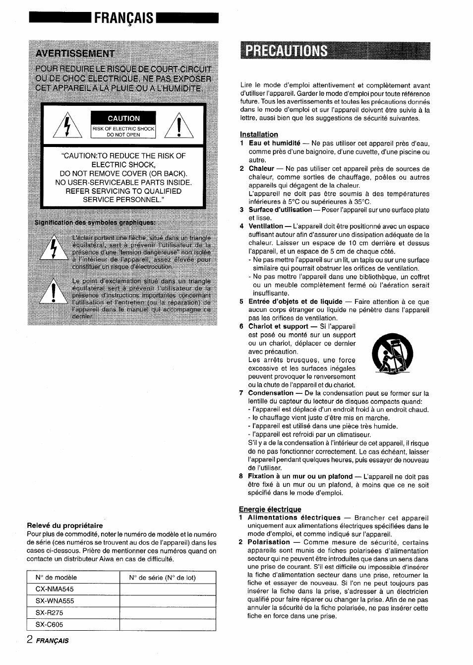 Français, Avertissement, Precaution | Aiwa CX NMA545 User Manual | Page 58 / 88