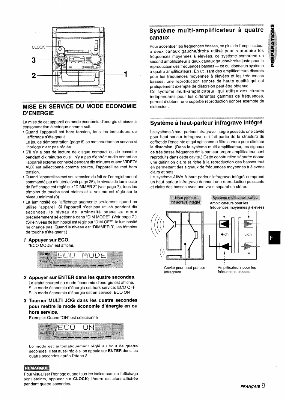 Mise en service du mode economie d’energie, Système multi-amplificateur à quatre canaux, Système à haut-parleur infragrave intégré | Eco r-iode | Aiwa CX NMA545 User Manual | Page 65 / 88