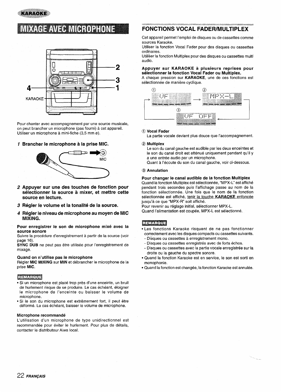 Mixage avec microphone, 1 brancher le microphone à la prise mic, 3 régler le volume et la tonalité de la source | Fonctions vocal fader/multiplex, Mixage avec micriphone | Aiwa CX NMA545 User Manual | Page 78 / 88