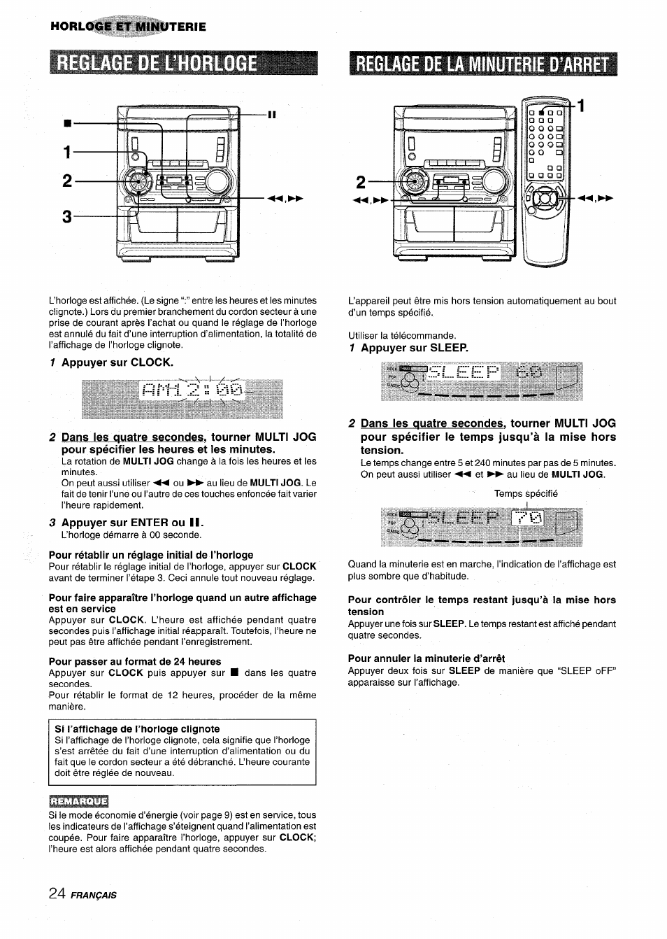 Reglage de la minuterie d’arret, 1 appuyer sur clock, 1 appuyer sur sleep | 3 appuyer sur enter ou ii, Reglage de l’horloge, L. i:::. i:;;. !■■■' i | Aiwa CX NMA545 User Manual | Page 80 / 88