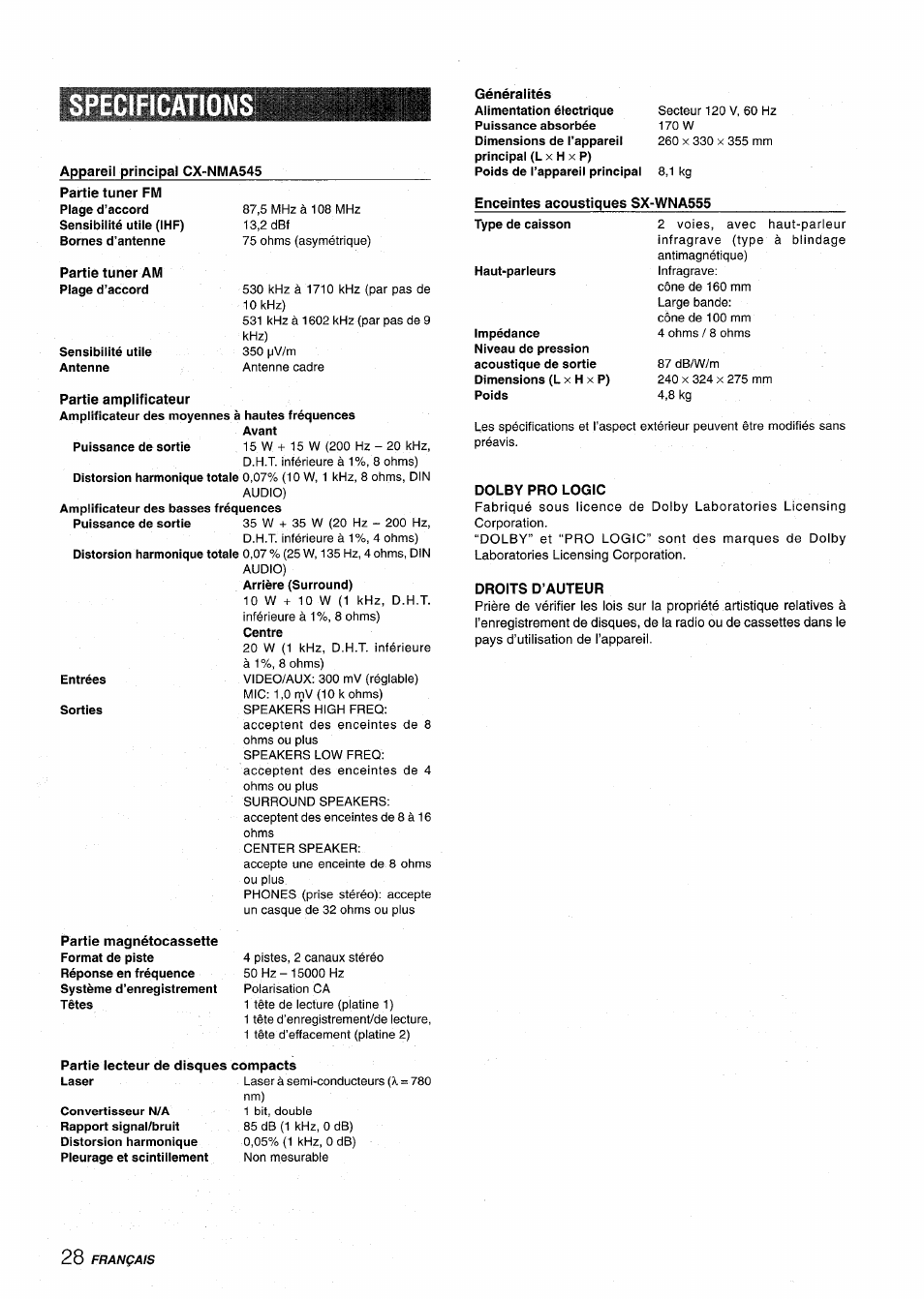 Specifications, Especificaciones | Aiwa CX NMA545 User Manual | Page 84 / 88