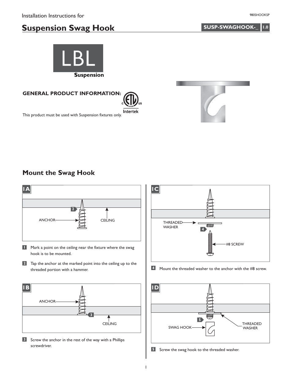 LBL Lighting Swag Hook User Manual | 2 pages