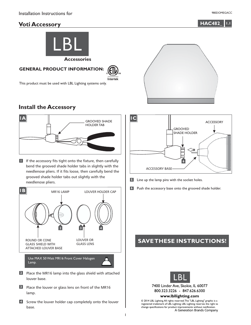 LBL Lighting Voti Accessory User Manual | 1 page