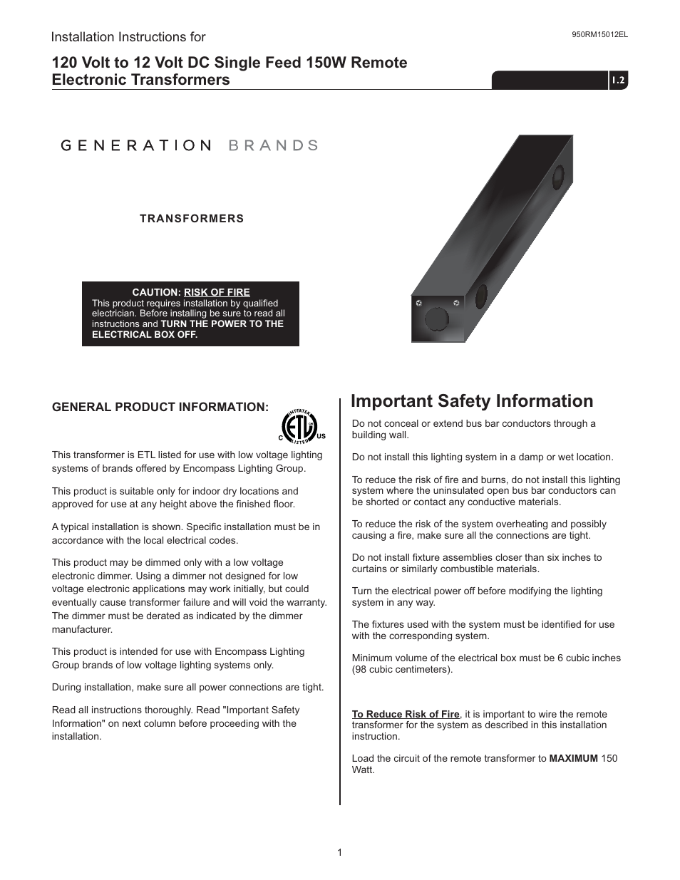 LBL Lighting MO Rmt Elec Xfmr 150w 120v/12v LED User Manual | 4 pages