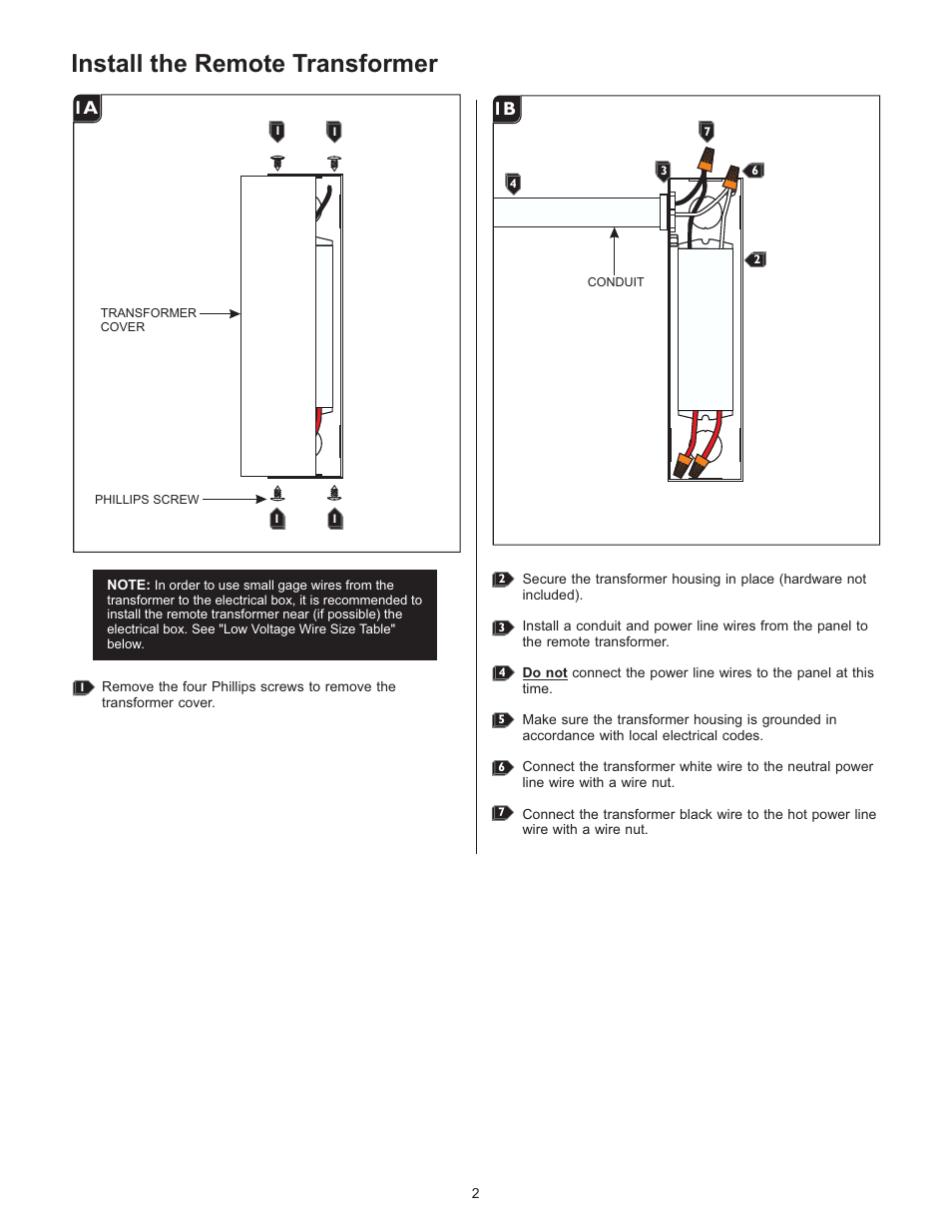 Install the remote transformer, 1a 1b | LBL Lighting MO Rmt Elec Xfmr 150w 120v/12v LED User Manual | Page 2 / 4