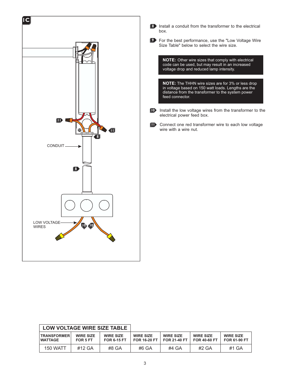 1a 1c, Low voltage wire size table | LBL Lighting MO Rmt Elec Xfmr 150w 120v/12v LED User Manual | Page 3 / 4