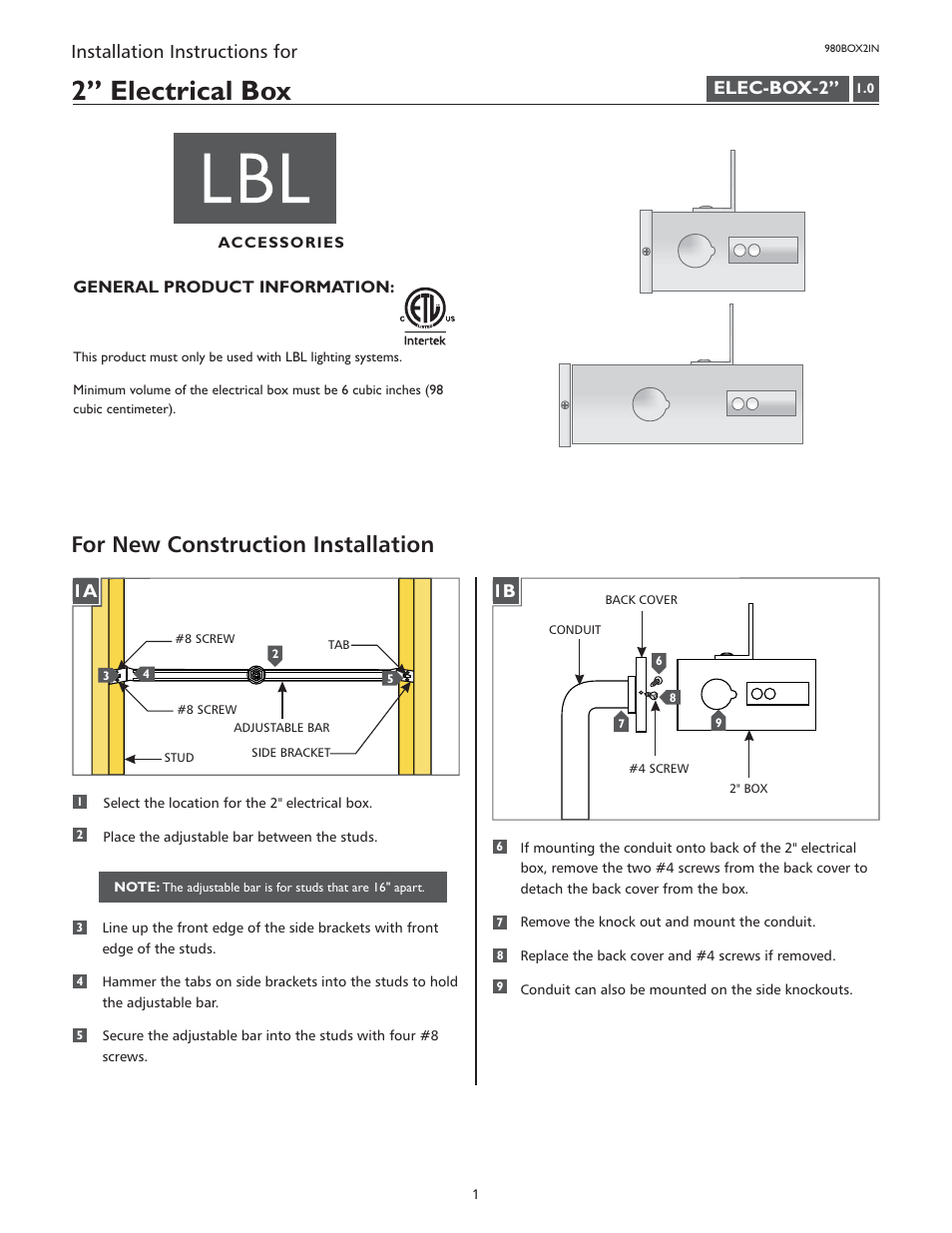 LBL Lighting Electrical Box User Manual | 4 pages