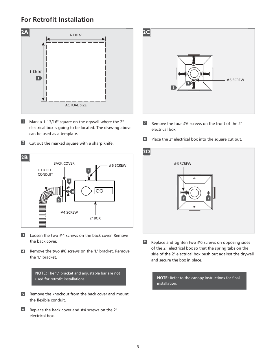 For retrofit installation, 2b 2c | LBL Lighting Electrical Box User Manual | Page 3 / 4