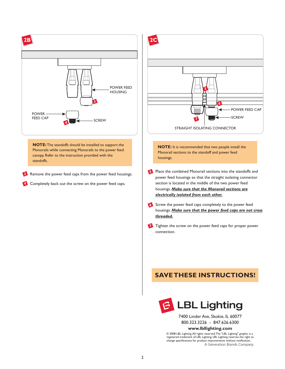 Save these instructions | LBL Lighting Dual-Post Direct Power feed Canopy User Manual | Page 2 / 2