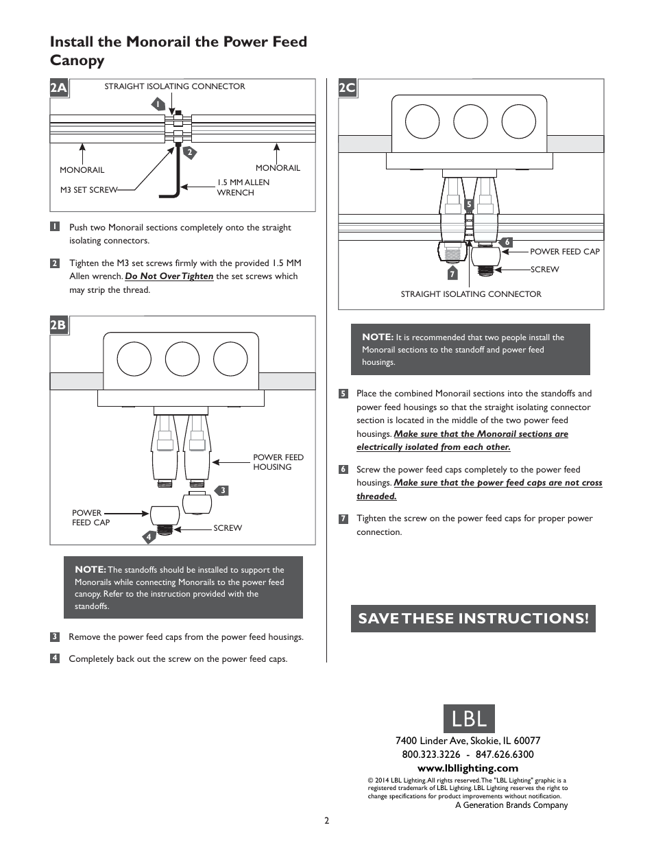 Install the monorail the power feed canopy, Save these instructions, 1a 2b 1a 2c | LBL Lighting 4 Round Dual-Post Direct Power feed Canopy User Manual | Page 2 / 2